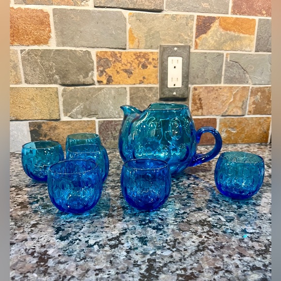 Empoli Italian Other - Vintage Blue Empoli Italian Glass Pitcher "Made In Italy" with Glass Set of Six